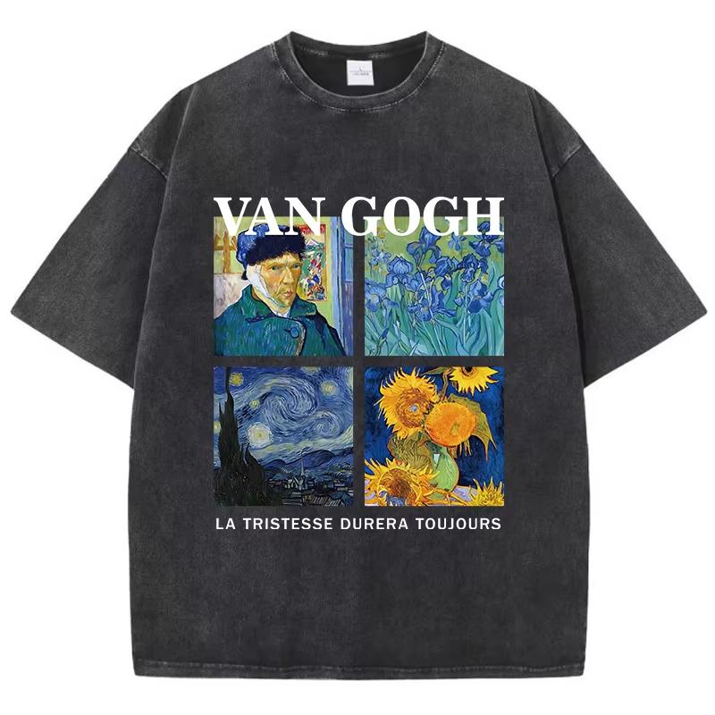 Fashion Women Washed T-Shirts Van Gogh La Tristesse Durera Toujours Printed Tops Cotton Crewneck Tees Street Clothes S