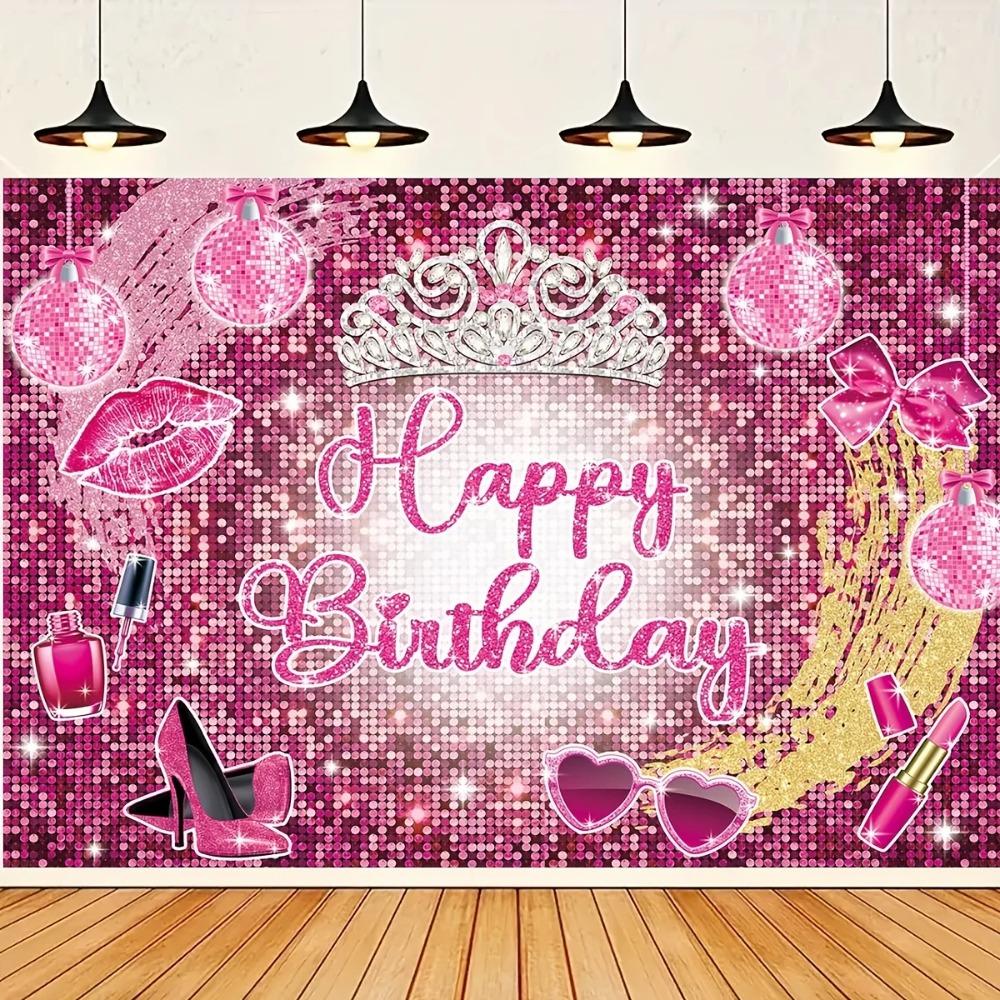 Shiny Sequins Makeup Theme Birthday Party Backdrop Pink Glitter Princess Girl Birthday Party Decor Banner Photography Background Vinyl 75X50cm