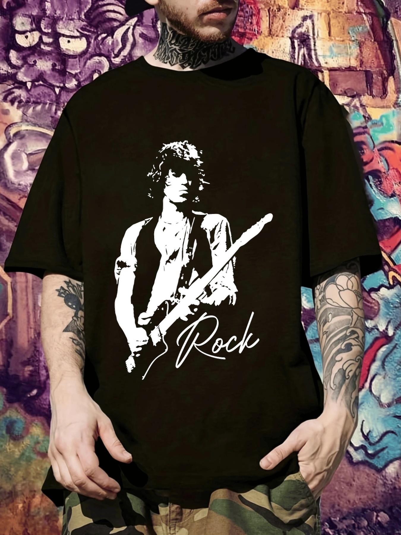 Rock Band Guitarist Graphic T-shirt - Black Tee with White Rock Design M