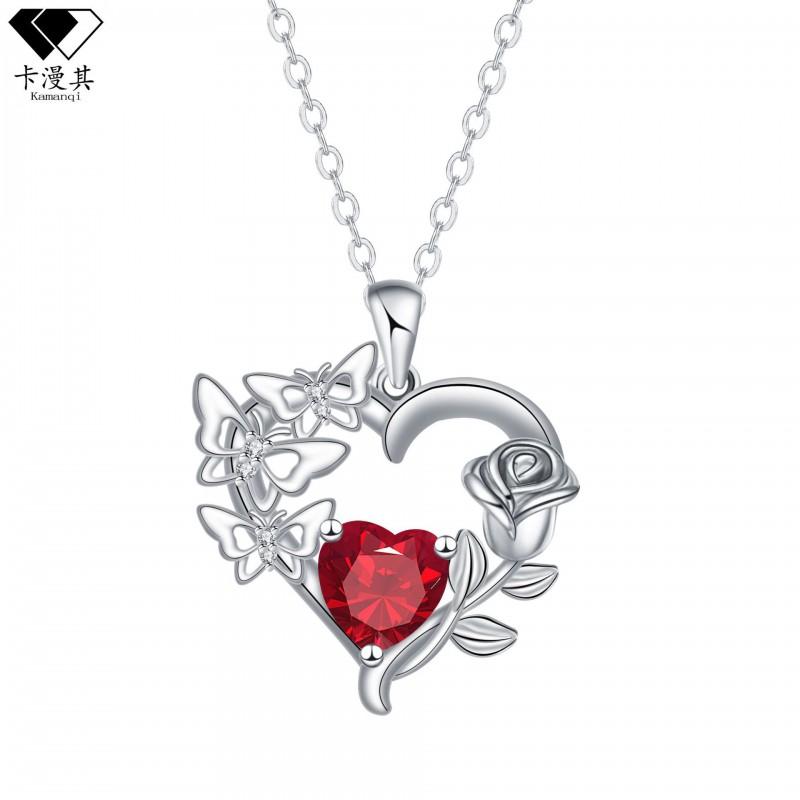 Elegant Heart Butterfly Pendant Necklace Women Lightweight Copper Jewelry With Cross Chain Valentines Gift Red