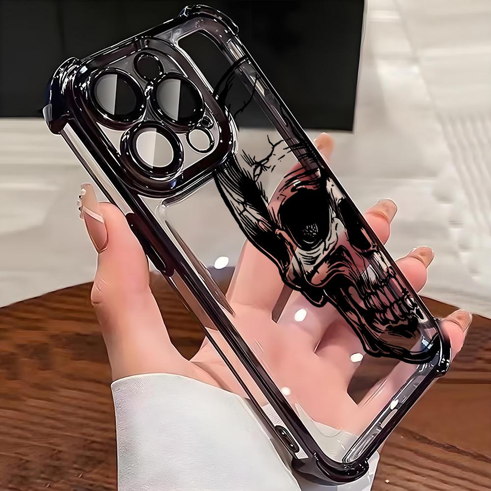 Cool Black Skull Pattern Transparent Phone Case For iPhone 17 16 Pro Max 15 14 Plus 13 12 11 17 Air 16E Shockproof Soft Cover