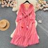 Fashion Bohe Women Mesh Party Long Dress V Neck Long Sleeves Gradient Lace Up A Line Sundress Pleated Maxi Dress