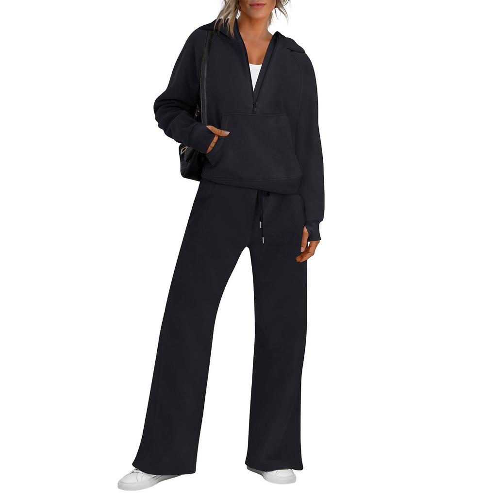 Women's Fashion Solid Color Long Sleeve Hooded Sweatshirt Top And Pants Casual Leisure Two Piece Set