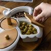 White Ceramic with Turntable Five Grid Fruit Plate with Wooden Lid Rotatable Snack Platter Dessert Snack Tray Fruit Plate Set