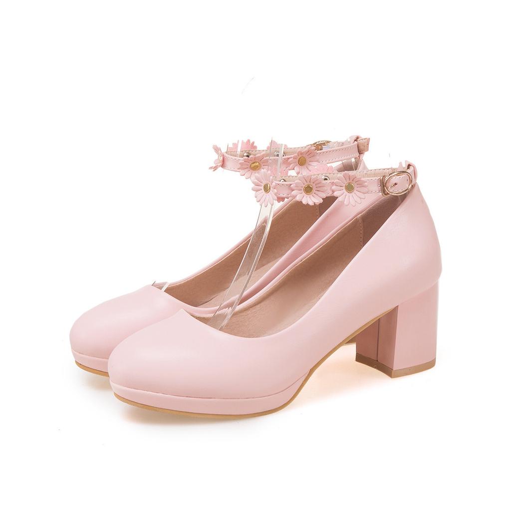 White Wedding Party Girls High Heels Pink Chunky High Heel Lolita Shoes Female Princess Flower Ankle Buckle Women Pumps 30-43