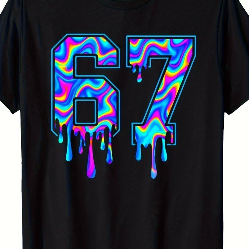 Men'S Neon Glow-in-the-Dark 67 Number Graphic T-Shirt , Comfort Fit, Crew Neck, Ultra Soft, Breathable, Casual Summer Tee, Fashionable Tee