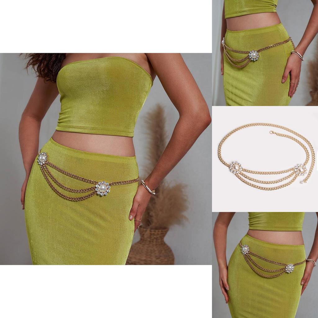 Sophisticated Artificial Pearl Flower Gold Waist Chain For Women With Trendy Design