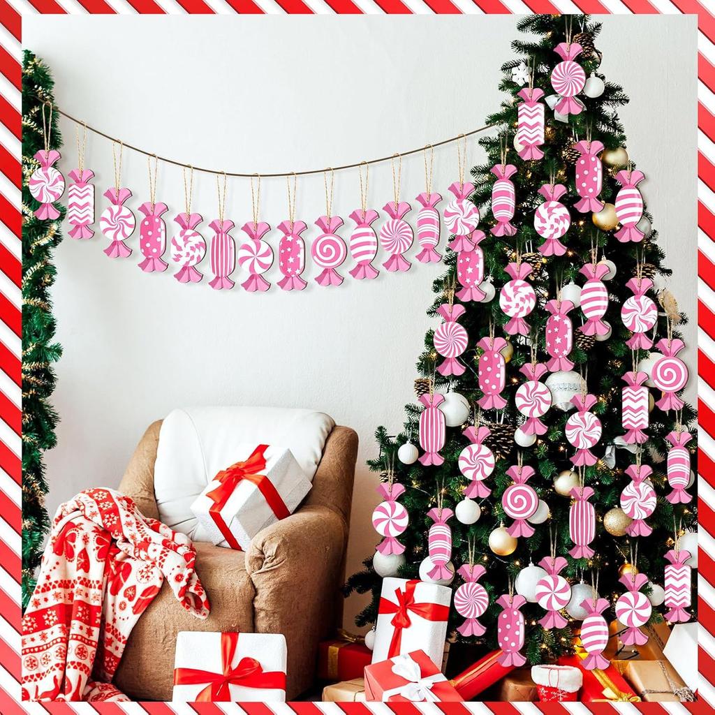 Pink Christmas Decor, Candy-Themed Ornaments, Pink and White Candy, Wooden Tree Decor, Hanging Decorations, Party Gift