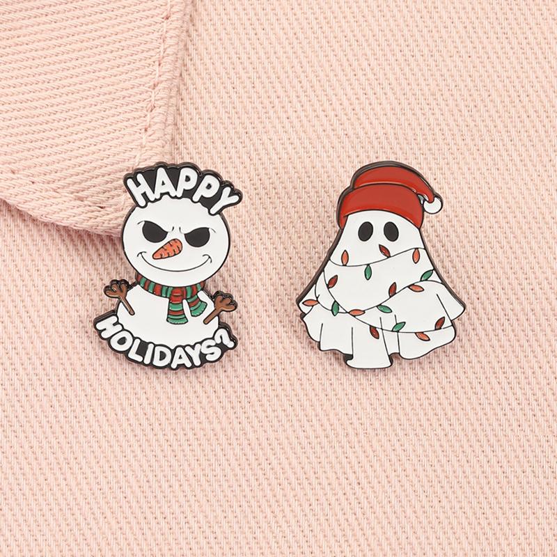 Happy Holidays Christmas Snowman Enamel Pins Halloween Ghost Santa Hat Brooches Lapel Badge Fashion Jewelry Gifts for Friends