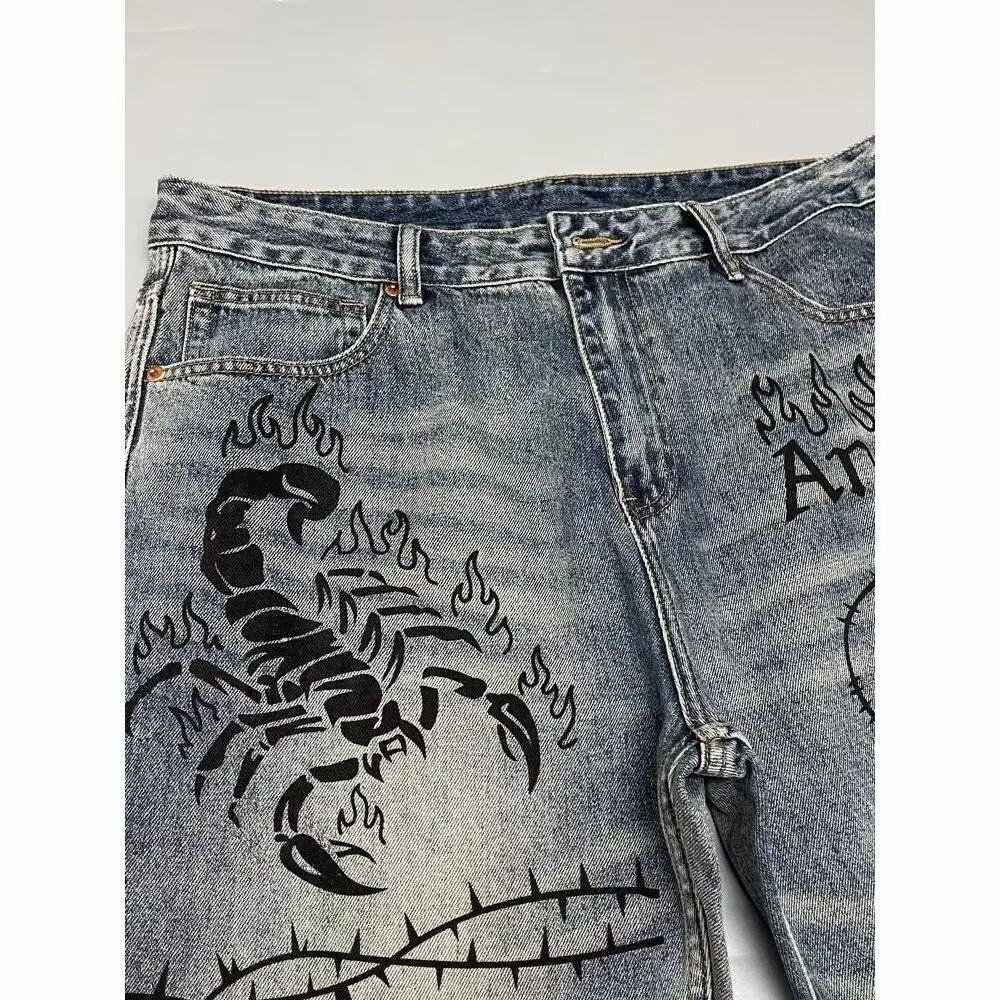 Spring Autumn Printed Straight Leg Sports Denim Pants Men's Loose Comfortable Plus Size Pants