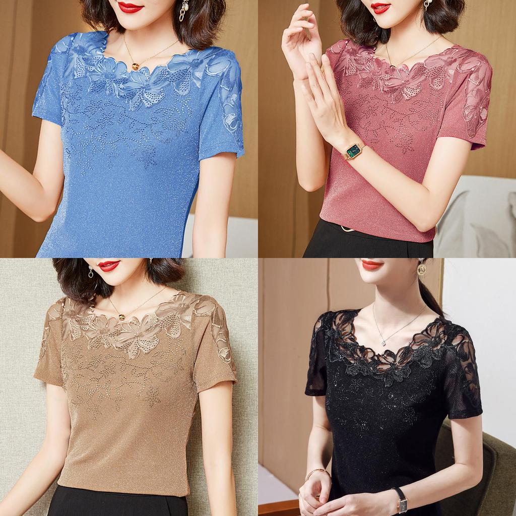 Summer Lace Trim Short Sleeve T Shirt With Embroidered Details For Elegant Women