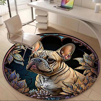 1PC Stained Glass Bulldog Office Round Area Rug,  Mat Suitable ForOffice, Under Office Chairs Bedroom Living Room Home Decor, Room Deco