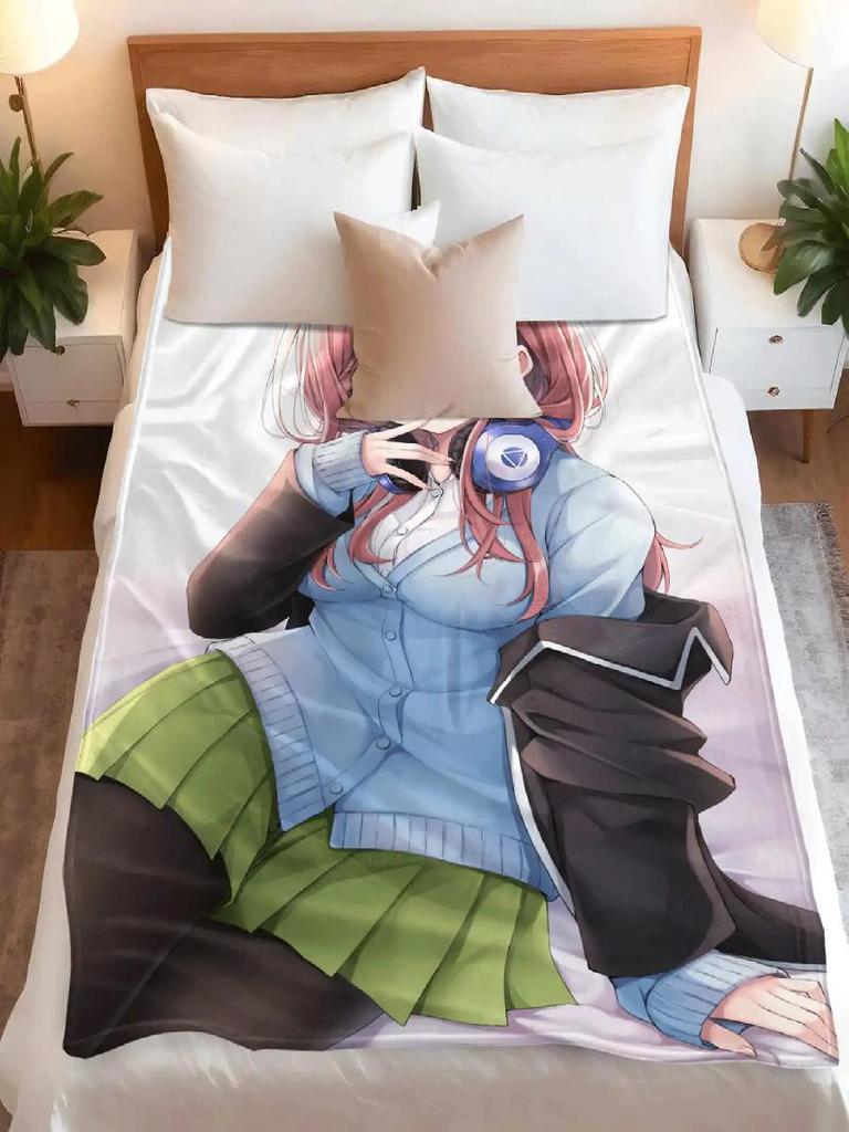 Kreslená přikrývka The Quintessential Quintuplets Nakano Miku, flanelová, teplá, měkká, otaku přehoz, multifunkční, dekorativní bytový textil