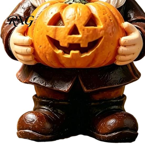 Hand Painted Gnome Statue Halloween Garden Statue, Faceless Holding Pumpkin Sculpture, Stable Sculpture Waterproof Resin for Porch Yard Autumn