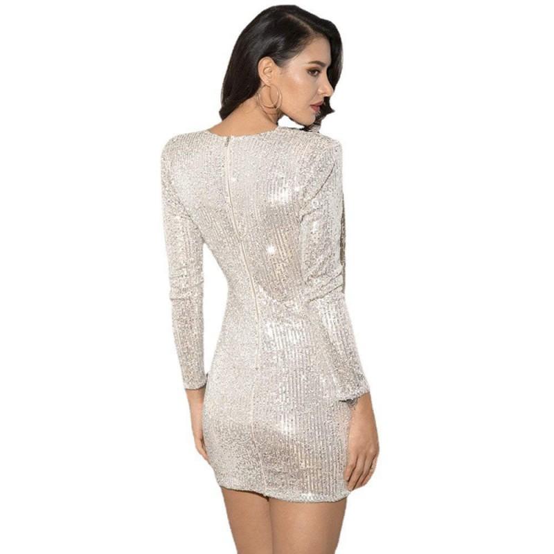 Womens V-Neck Long Sleeve Irregular Hem Sequin Mini Dress - Elegant Office Chic Slim Fit Solid Color