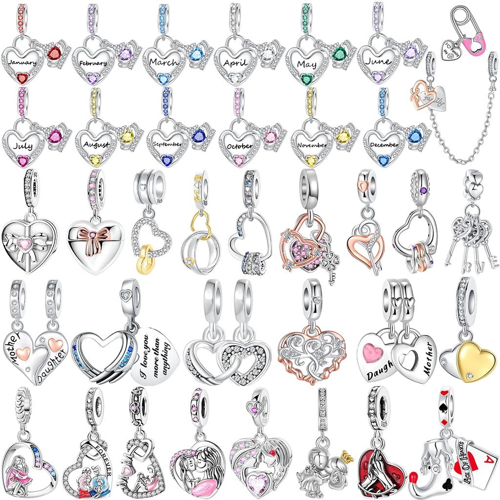 Sparkling Birthstone Charm Bead Charms Copper Heart Key Birthday Pendant Fit Authentic Necklaces Bracelets Women Jewellery Do It Yourself Gift