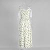 Women's Summer Lemon Floral Print Spaghetti Strap Midi Dress Tie Front Low Cut High Waist Side Slit Elegant Vacation Party Dress