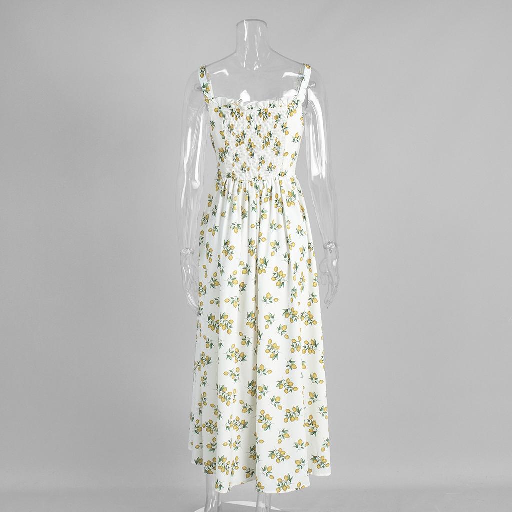Women's Summer Lemon Floral Print Spaghetti Strap Midi Dress Tie Front Low Cut High Waist Side Slit Elegant Vacation Party Dress