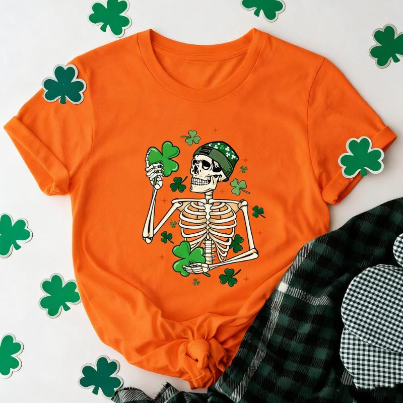 Patricks St Pattys Skeleton Dancing Funny Irish Shirt Saint Day Shamrock Unisex Graphic Tshirts Crewneck Regular Short Sleeve