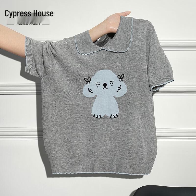 

Women s Lapel Short Sleeve Cartoon Knitted Pullover Top One Size
