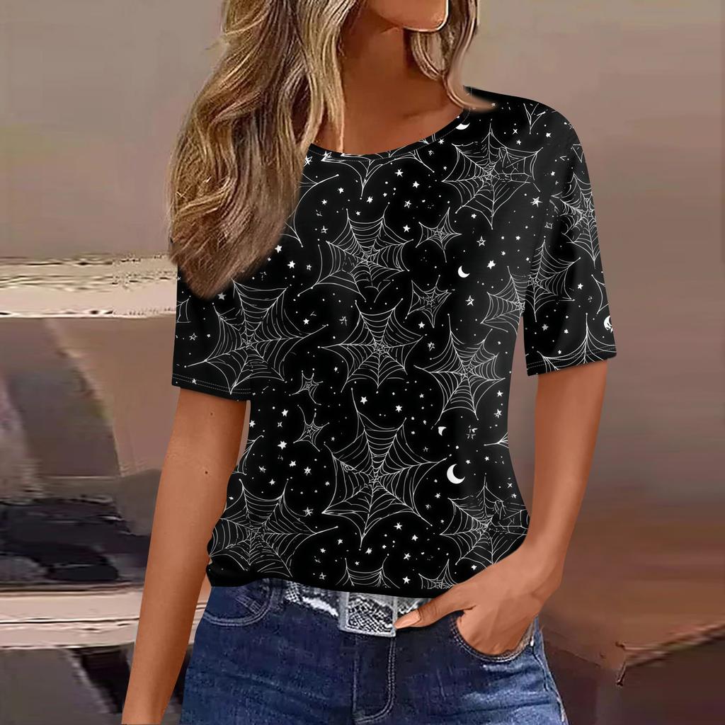 Women's Casual Short Sleeve Pullover Top Halloween Spider Web Pumpkin Print Round Neck Blouse Lightweight Comfortable Fit
