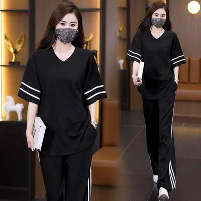 Plus Size Elegant Tummy-Covering Two-Piece Set: Loose Summer Top & Slimming Sports Pants for Women