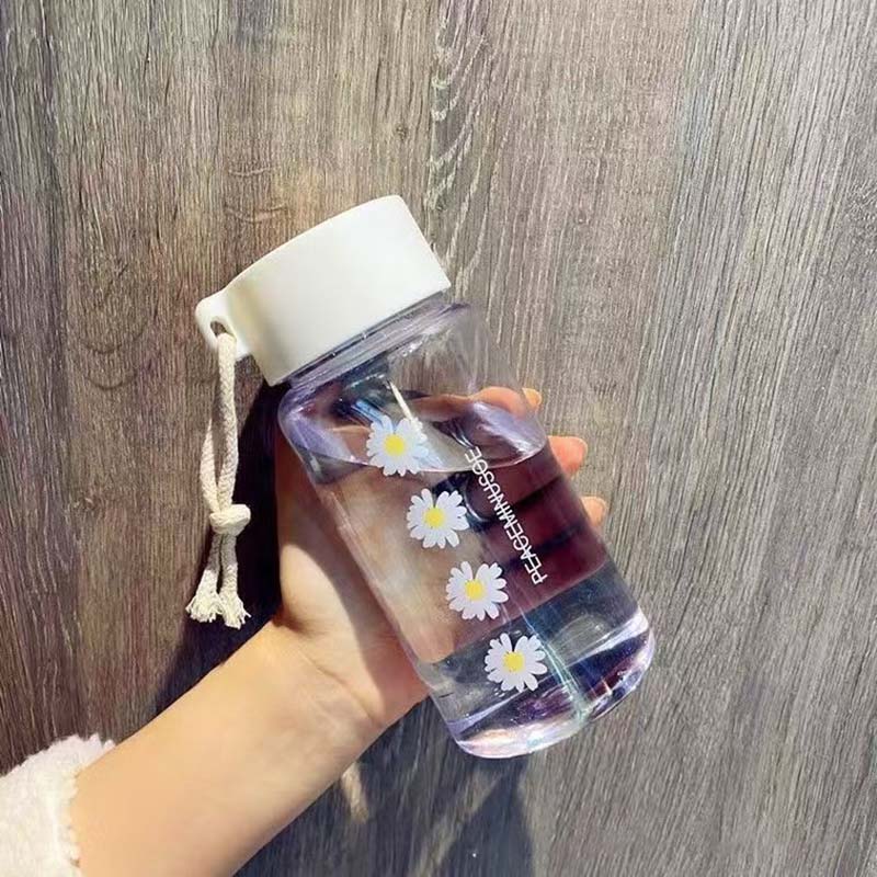 Daisy Pattern Plastic Tumbler with Non-Slip Lid, 401-500ml Shatterproof Water Bottle for School Gym Travel - Frosted/Transparent