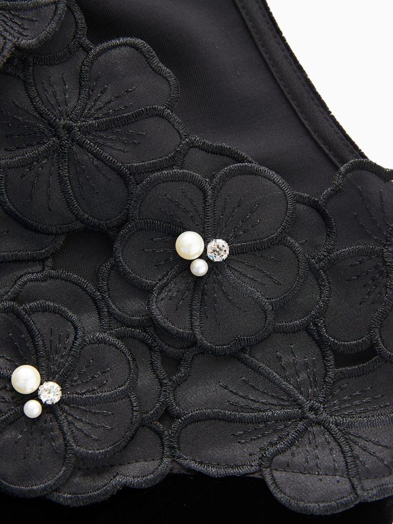 Wysokiej jakości jedwabny aksamitny top z kwiatowym haftem i koralikami, z krótkim rękawem i okrągłym dekoltem - Letnia elegancja dla kobiet