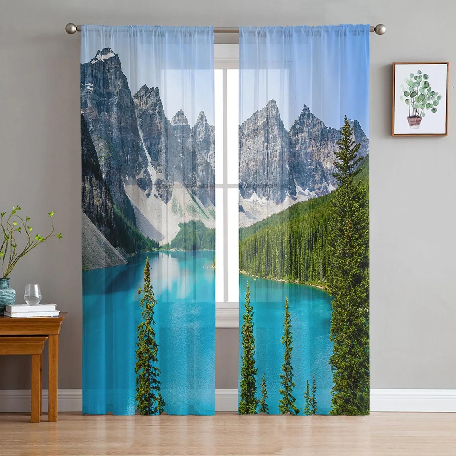 

Arbor Tree Lake Landscape Sheer Curtains Living Room Window Tulle Curtains For Bedroom Kitchen Home Decoration Voile Drapes W135 x H115cm x1&Grommet Top