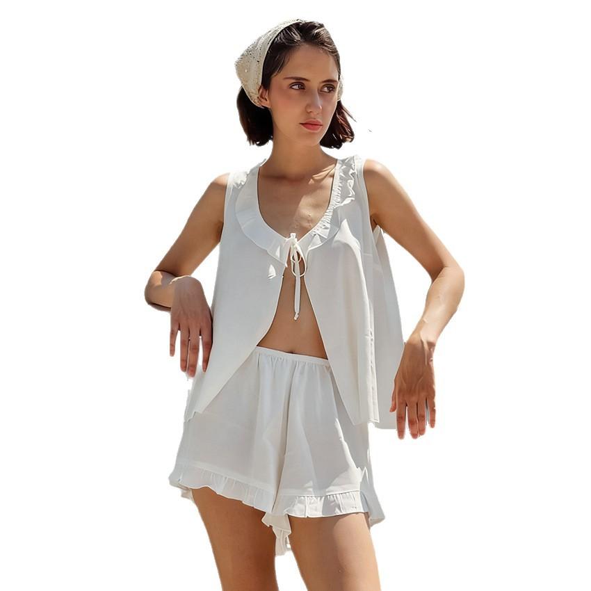 New European and American casual pajamas, lace-up ruffle edge sleeveless vest, shorts, two-piece women's loungewear