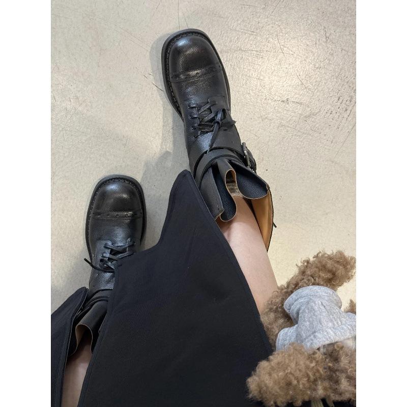 Rindslederversion Retro Britische Martin Stiefel Damen Neue Dicke Ferse Gürtelschnalle Kurze Stiefel Dünne Motorradstiefel Vielseitige Einzelstiefel