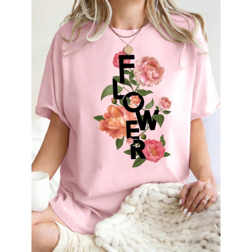 Schöne Rosenblumen Aufdruck Damen T-Shirt Lässig Oversized T-Shirt Y2K Baumwolle Atmungsaktive Oberteile Sommer Rundhals