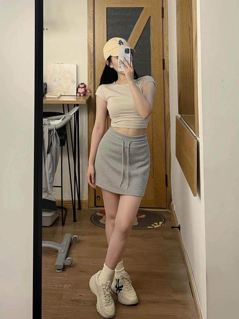2026 Spring Korean Style Women's Gray Sporty High Waist Skirt - Casual Hip Wrap Sweatshirt Dress