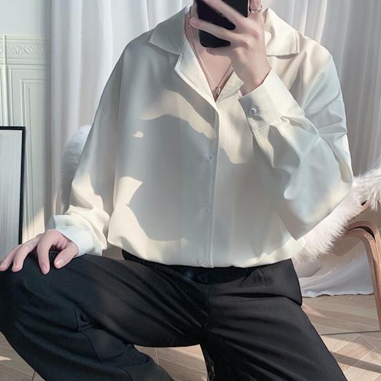 Men's Cuban Collar Shirt Long Sleeve Button Down Casual Shirt Loose Fit Solid Color Shirt for Work Parties Dates