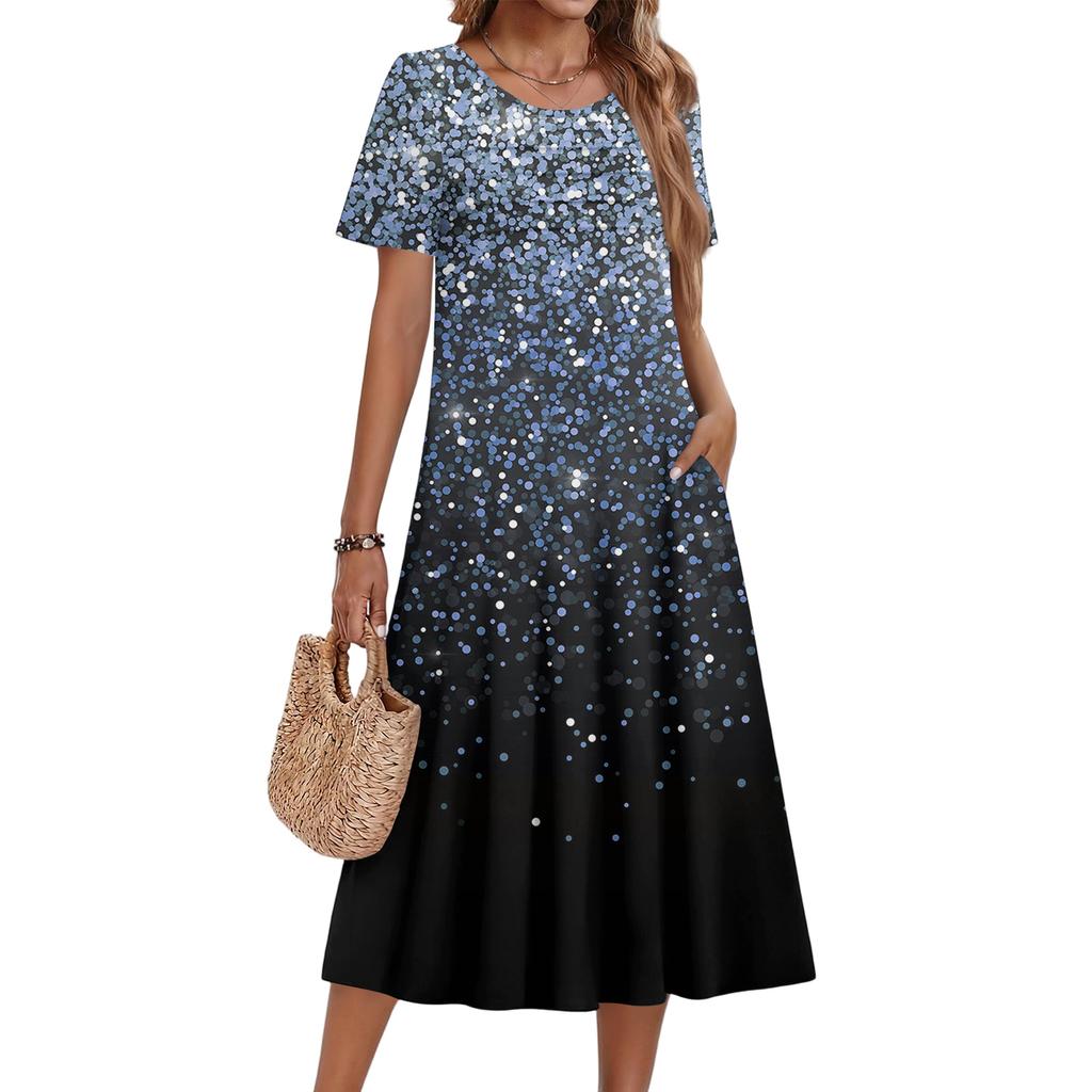 Ladies' Floral Printed Casual And Fashionable Short Sleeved Round Neck Dress