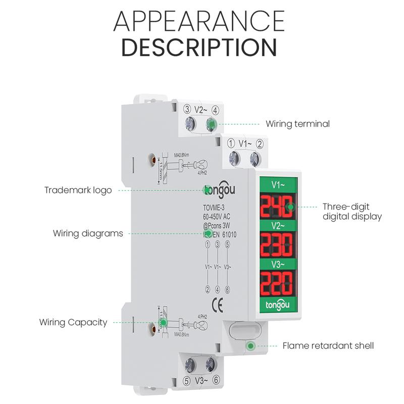 Mini Modular Din Rail Mount Three Phase Voltage Meter with LED Digital Display - Ac 60V-450V Gauge Indicator Detector by TONGOU