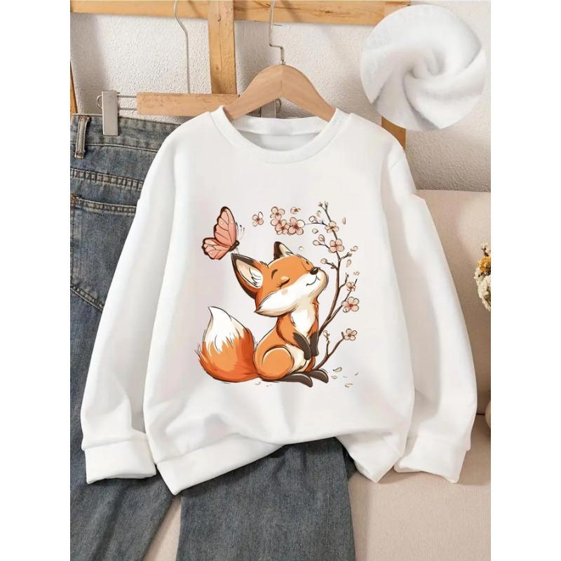 European sizes Cute Fox Cherry Blossom Butterfly Girls' Crewneck Sweatshirt, Western Top, Long Sleeved T-Shirt, Casual for Little Girls.
