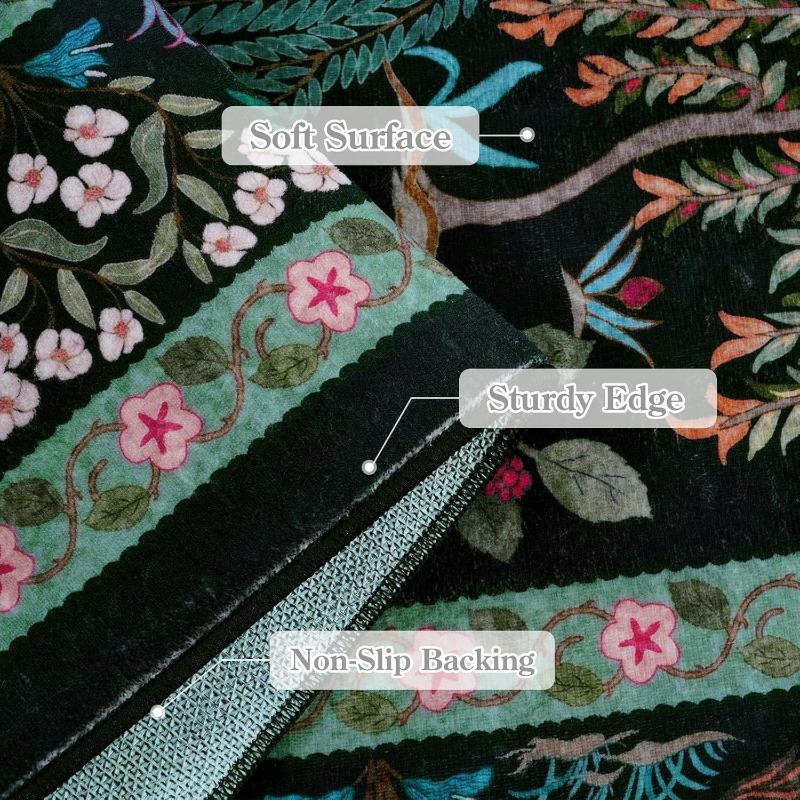Black Rugs for Living Room Machine Washable Floor Mat Botanical Floral Birds Nature-Inspired Carpet Non-Slip Soft Home Decor