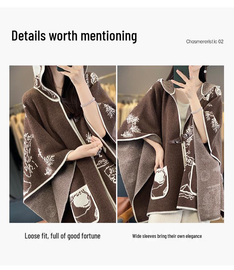 Women's Retro Wool Jacquard Hooded Cardigan Cape Shawl