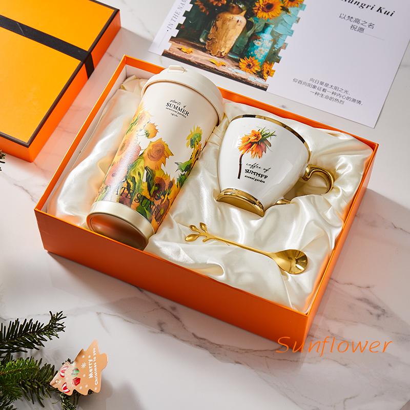 316 Stain Steel Thermos Cups 500ml Coffee Mug with Spoon Set of 3, Floral Ceramic Mug Gift Box for Birthday Wedding Christmas Valentine's Day