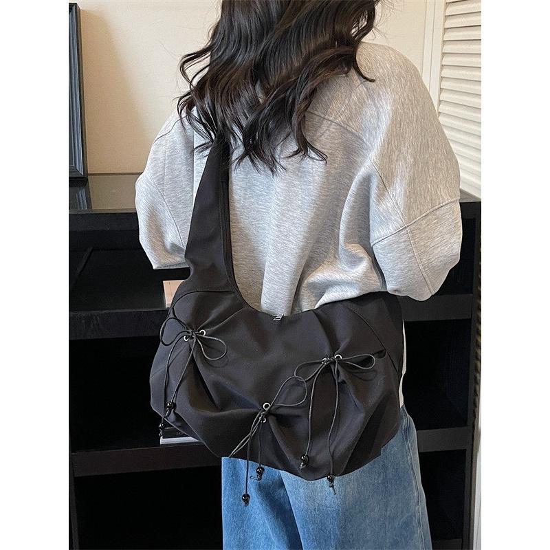 Korean-style sweet bow nyl bag for women, large-capacity daily commuter shoulder and crossbody bag, versatile casual bag