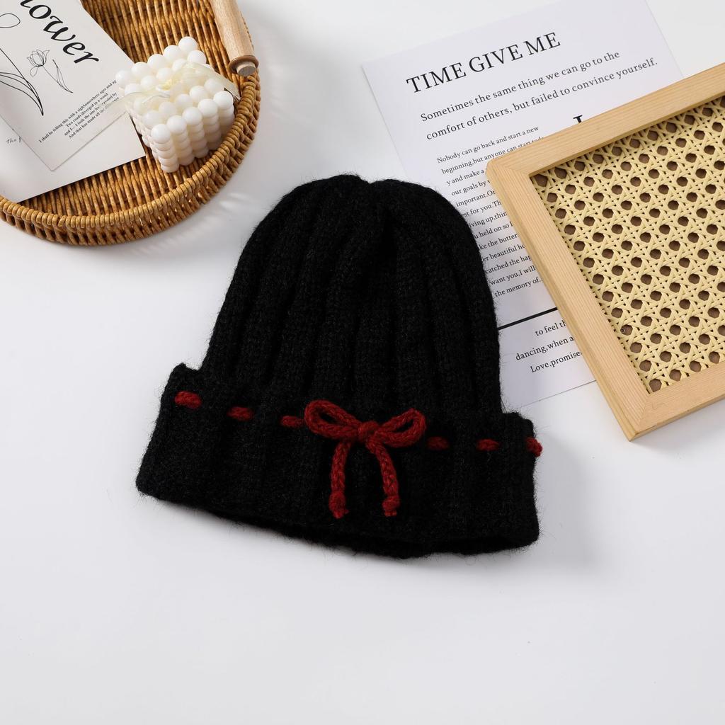 Winter 2025 Bow White Knitted Wool Cap Women's Plush Warm Big Head Circumference Baotou Hat Ear Protector Hat
