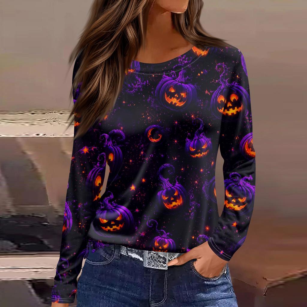 Women's Halloween Print Long Sleeve Round Neck Casual Top with Side Slit
