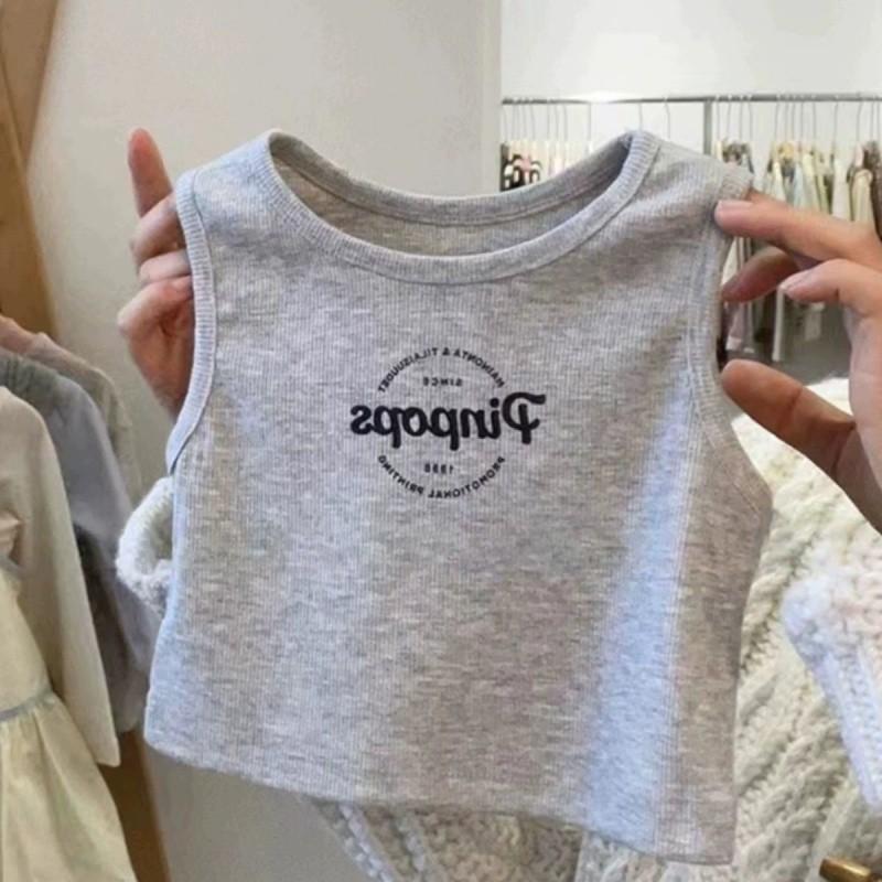 Модный летний корейский детский наряд для девочек, стильный топ и шикарный комплект комбинезонов Gray Fashion Vest,80cm