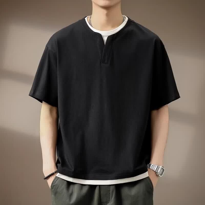 Men's Cooling Waffle Fake Two-Piece Loose V-Neck T-Shirt
