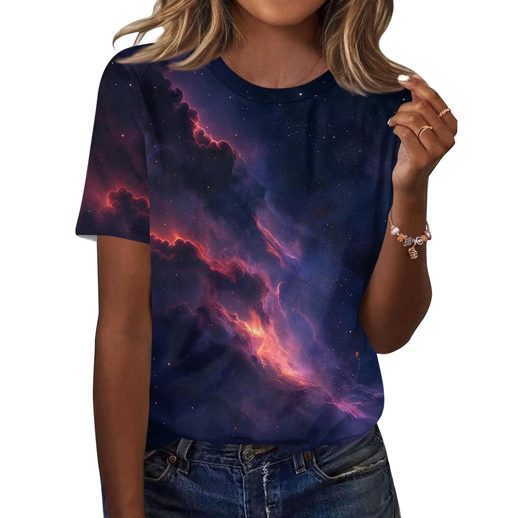 Women's Fashionable Casual Short Sleeve Print Round Neck Pullover Top