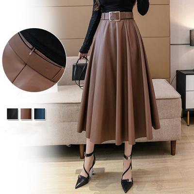 Classic Faux PU Leather Long Skirts Belted High Waist Fashion Umbrella Ladies Female Autumn Winter