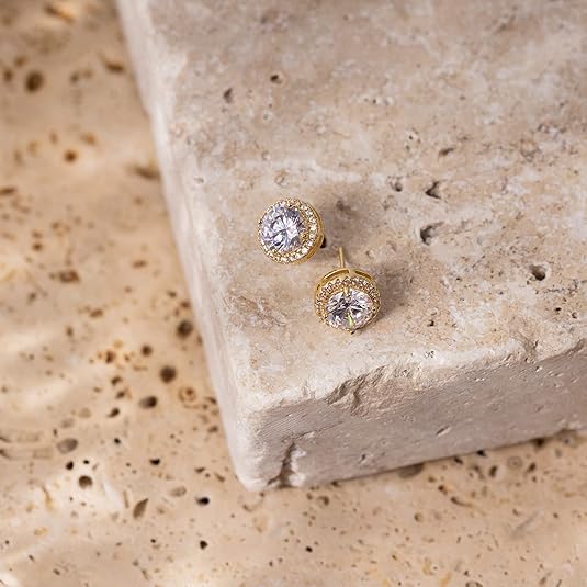 Cercei Stud Earrings for Women Halo with Cubic Zirconia 14K Gold Plated Hypoallergenic