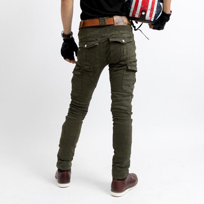 Four-Season Motorcycle Riding Pants - Military Green/Black, Anti-Fall, Slim Fit Jeans
