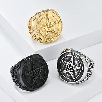 Vintage Fallen Angel Lucifer roestvrijstalen ring voor mannen Hip Hop Dawn Star Pentagram Titanium duimring mannelijke zwarte sieraden